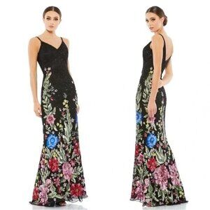 Mac Duggal 5475 Floral Embellished Spaghetti Strap Gown Size 0 NWT Black Multi